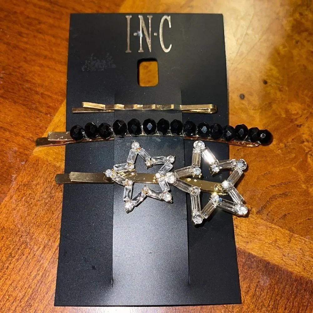 NWT INC INTERNATIONAL CONCEPTS 3-Pc. Gold-Tone Crystal Star & Bead Bobby Pin Set